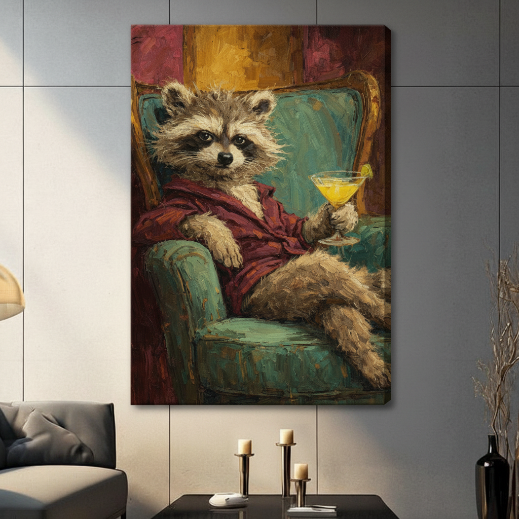 Gallery wrap canvas featuring a raccoon in a burgundy robe relaxing on a teal vintage armchair with a cocktail glass, hung in a contemporary living room