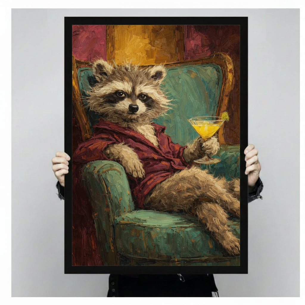 Hand-held close-up of a black-framed fine art print showing a raccoon in a red robe lounging on a teal chair raising a yellow martini glass