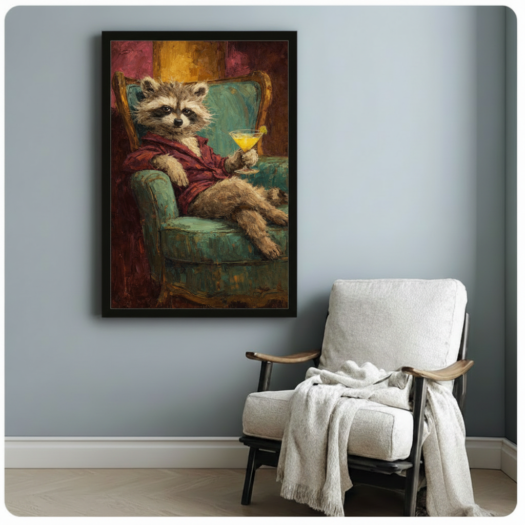Black-framed raccoon in robe wall art print styled above a linen armchair against a soft blue-grey wall, oil painting aesthetic for eclectic home decor