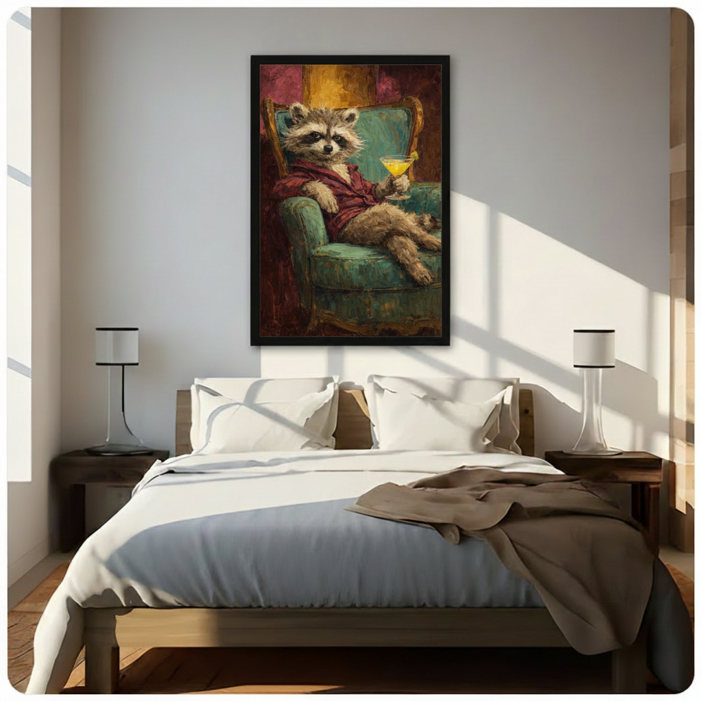 Framed raccoon in robe oil painting wall art hung above a wooden bed in a sunlit neutral bedroom, bold vintage-style animal art for bedroom decor