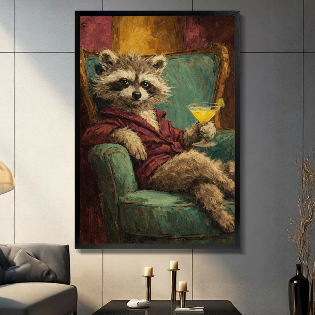 Framed oil painting style wall art of a raccoon lounging in a red robe on a teal armchair holding a yellow martini, displayed in a moody dark living room