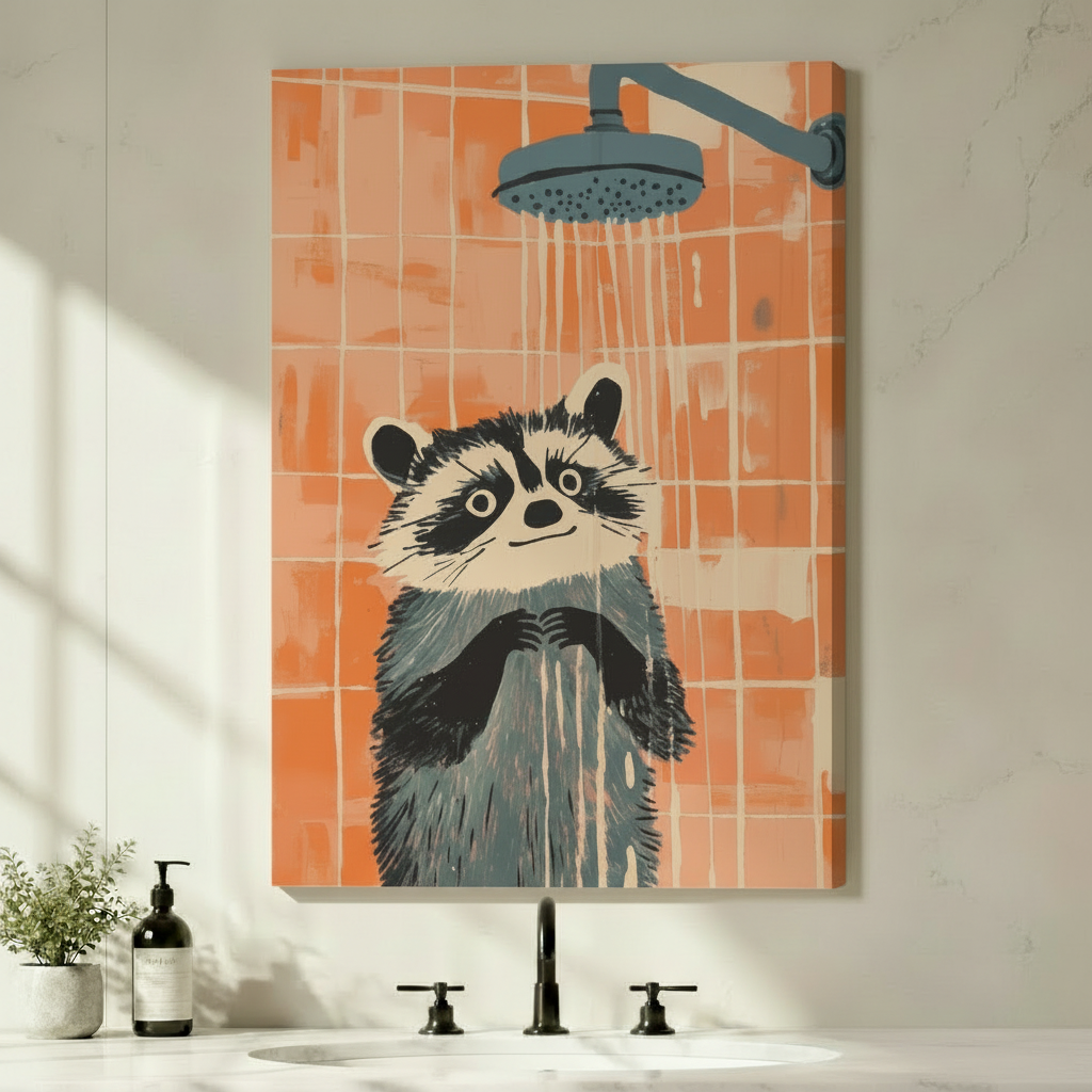 Cute raccoon taking shower canvas print wall decor displayed above modern bathroom vanity with peach tile art