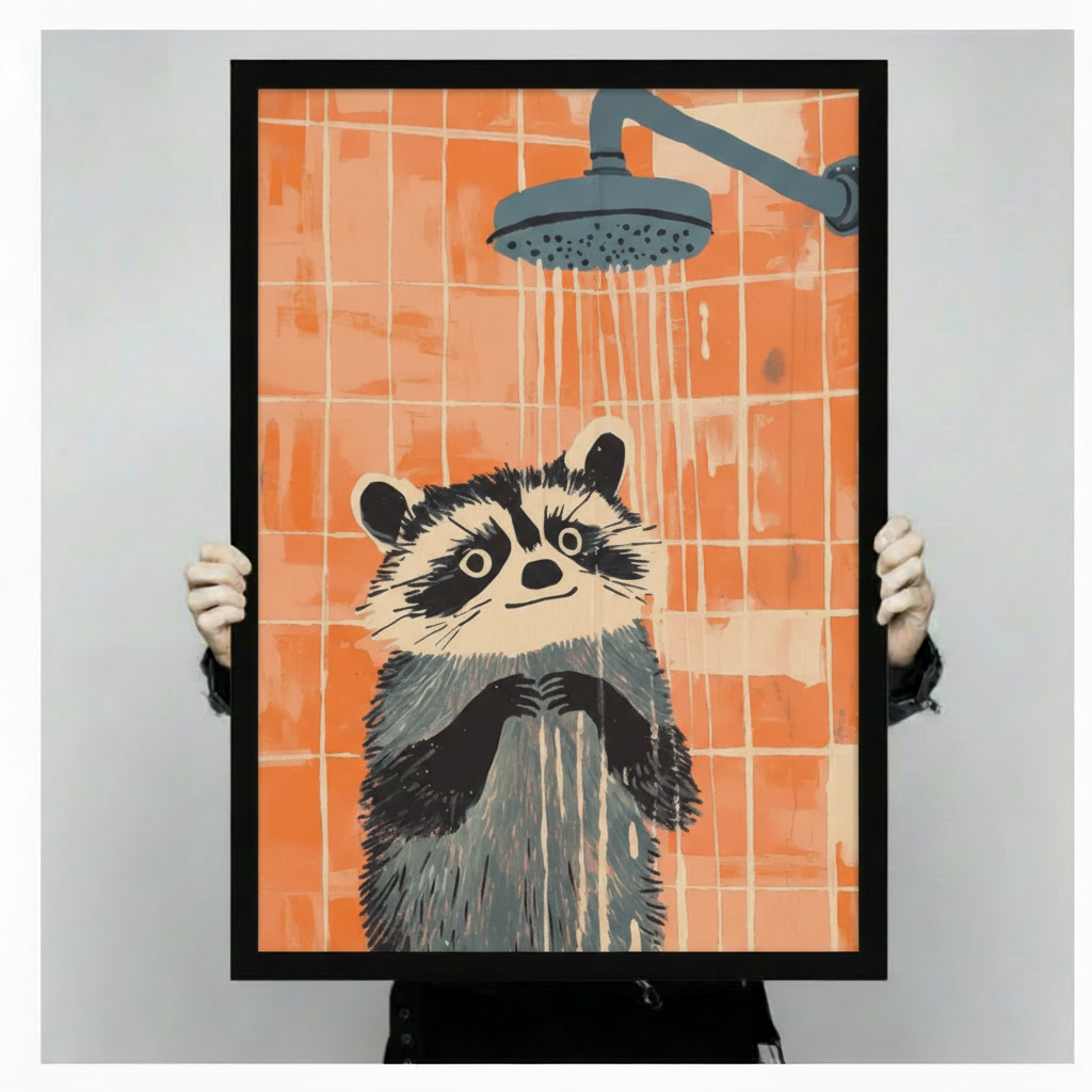 Close-up of raccoon in shower framed art print held by person showing detailed illustration on orange tile background