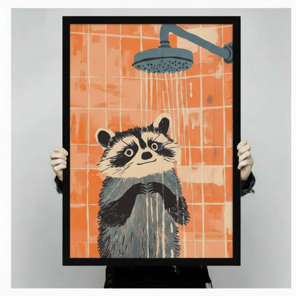 Close-up of raccoon in shower framed art print held by person showing detailed illustration on orange tile background