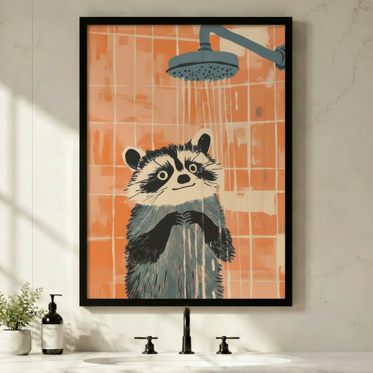 Funny raccoon in shower framed wall art poster hung above bathroom sink with orange tile background