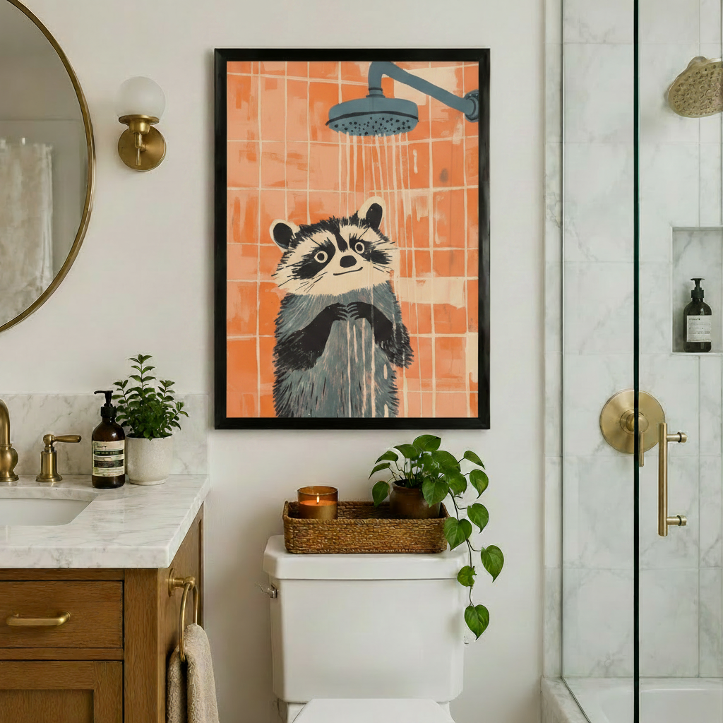 Whimsical raccoon shower wall art in black frame above toilet in elegant bathroom with gold fixtures and marble countertop