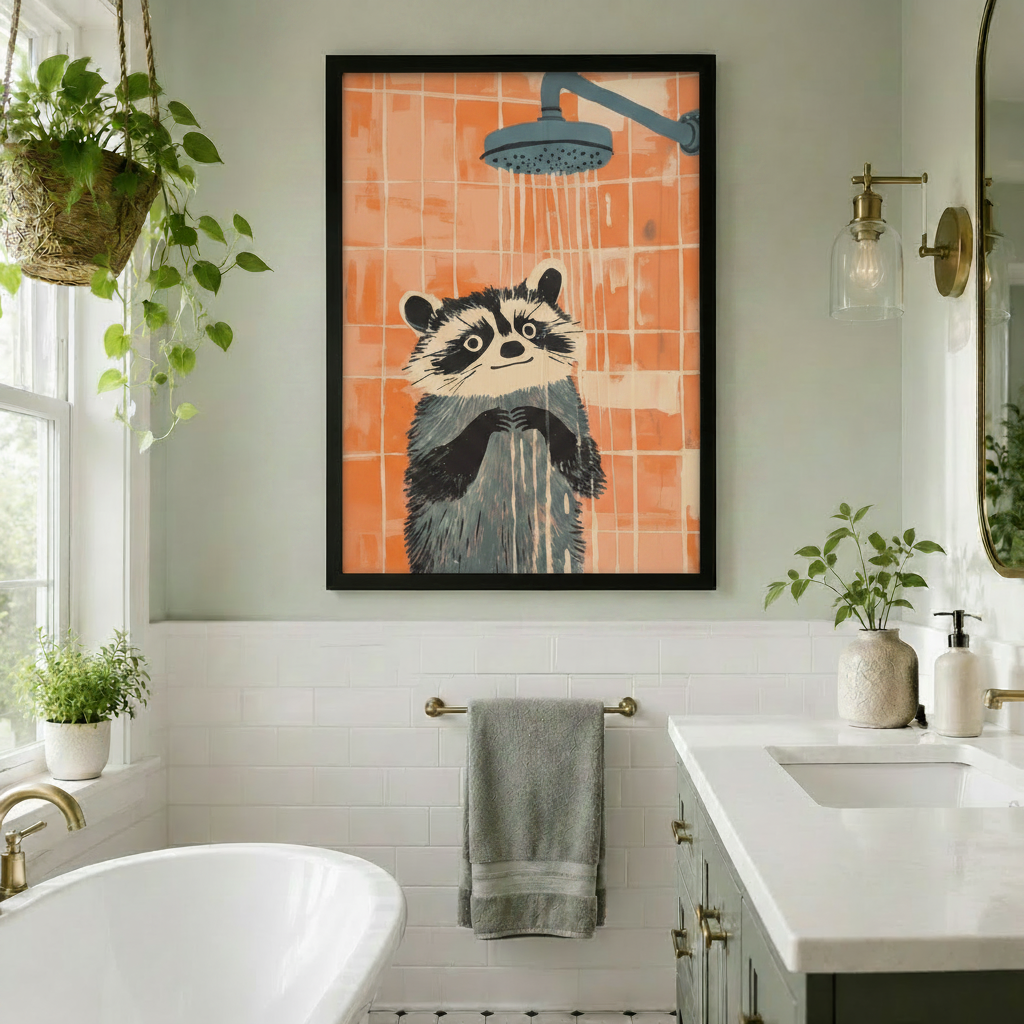 Raccoon shower funny animal poster framed in black displayed in bright bathroom with freestanding bathtub and hanging plants
