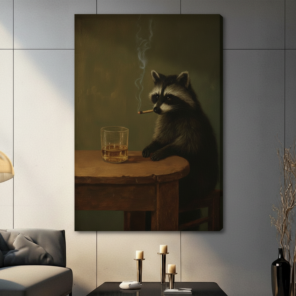Gallery wrap canvas of raccoon smoking cigarette with whiskey — dark vintage animal oil painting wall art for living room