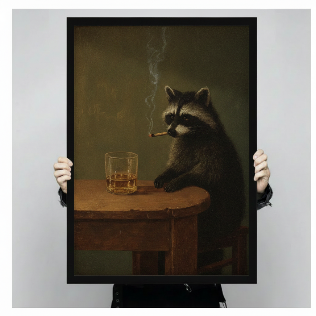 Close-up of raccoon smoking wall art print held by hands — dark moody animal painting with whiskey glass, fine art print detail