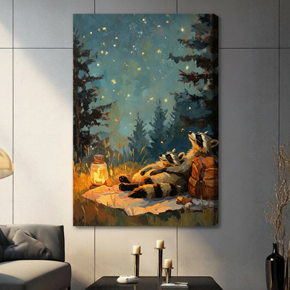 Dreamy impressionist oil painting of a pair of raccoons relaxing on an outdoor blanket looking up at a teal blue night sky sparkling with gold stars and fireflies next to a warm glowing jar lantern and rust orange camping backpack surrounded by dark conifer forest stretched canvas wall art print hanging in a contemporary living room with dark gray tiled wall
