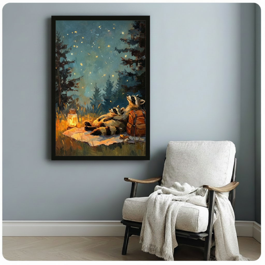 Peaceful cottagecore oil painting of two raccoons sprawled on a picnic blanket in a wild meadow stargazing at a luminous teal night sky dotted with golden fireflies and stars with a glowing glass oil lantern and brown hiking backpack against a silhouetted dark pine forest framed art poster displayed beside a white fabric lounge chair with draped throw blanket against a soft blue-gray wall