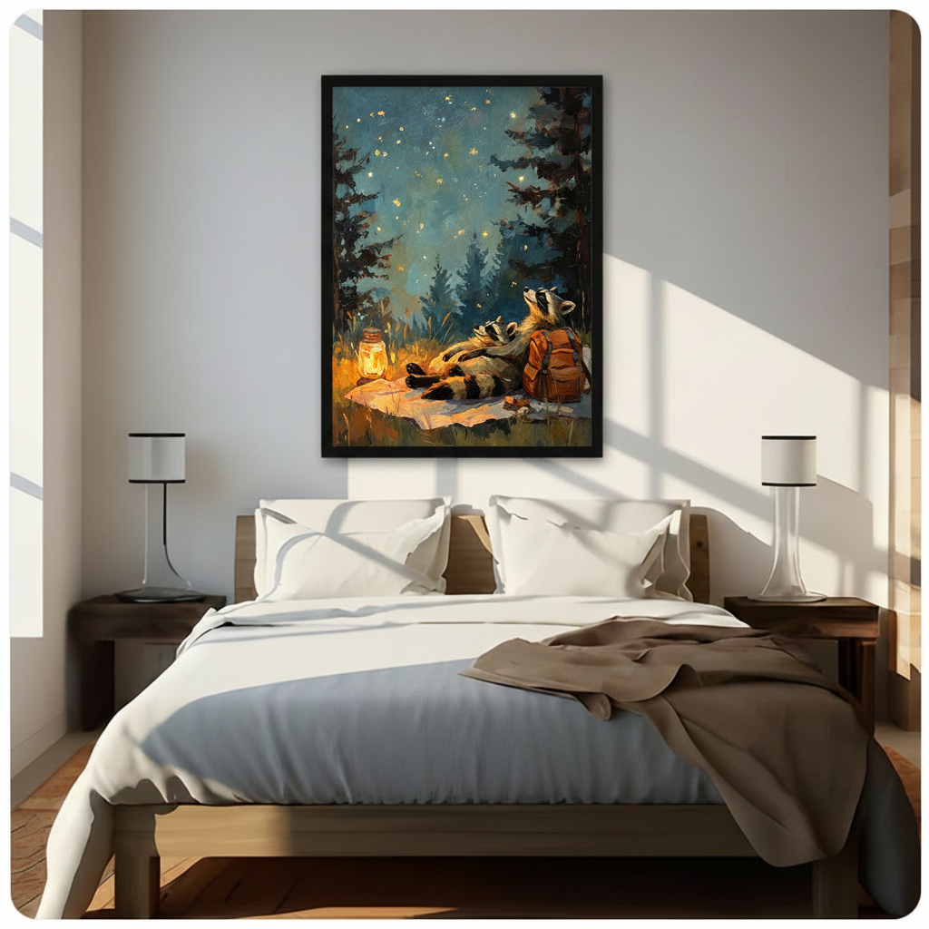 Magical impressionist oil painting of two raccoons cuddled on an outdoor blanket in a forest clearing looking up at a teal starry night sky filled with glowing gold fireflies and stars with a lit glass lantern and rust camping backpack framed by dark silhouetted pine trees framed wall art print hanging above a modern bedroom bed with white linen bedding, dark wood nightstands, and minimalist white table lamps