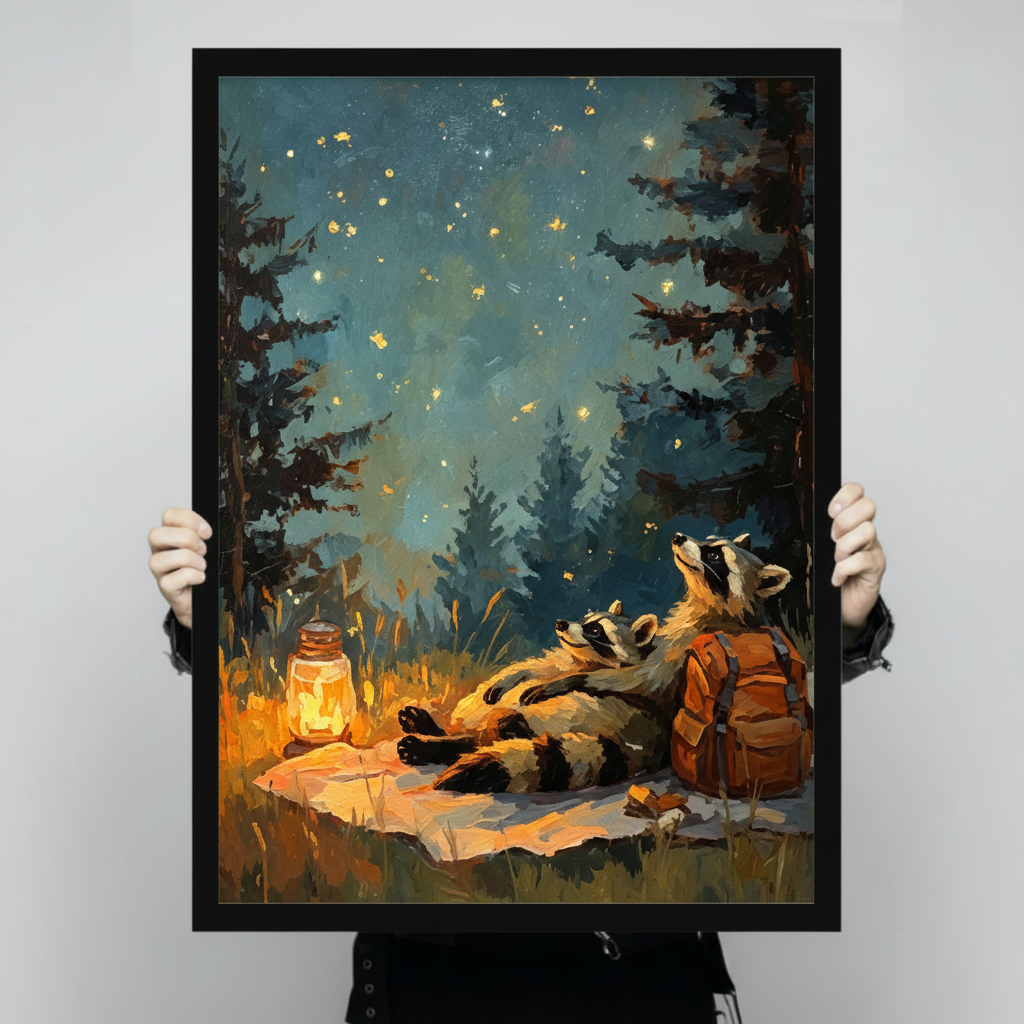 Whimsical impressionist oil painting of two raccoon friends lying side by side on a forest blanket gazing at a deep blue-green starry sky glowing with golden firefly lights beside a warm illuminated glass lantern and orange canvas backpack with tall dark pine trees in the background framed wall art print held up for size reference against a light gray neutral background