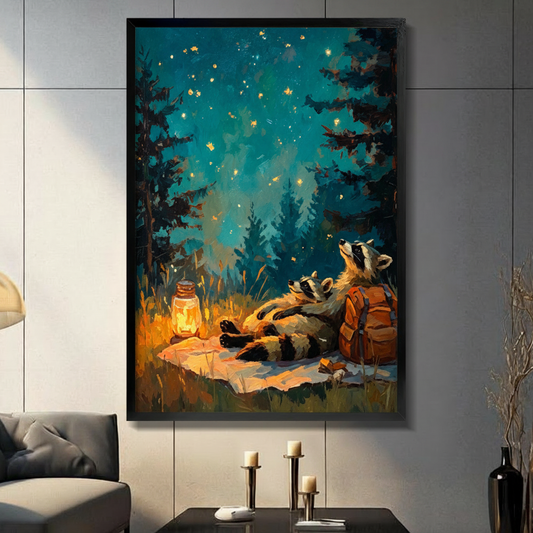 Cozy impressionist oil painting of two raccoons lying on a blanket in a forest meadow gazing up at a deep teal starry night sky filled with golden fireflies beside a glowing glass lantern and orange hiking backpack with dark pine tree silhouettes framed wall art print displayed in a living room with dark gray sofa, pillar candle holders, and black decorative vase