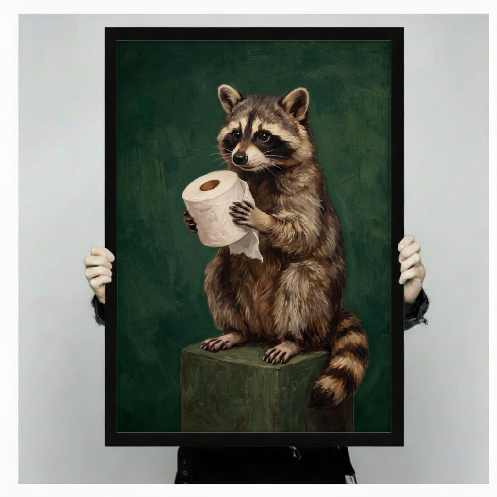 Person holding a large vertical framed canvas print of a raccoon clutching a toilet paper roll against a plain light gray background