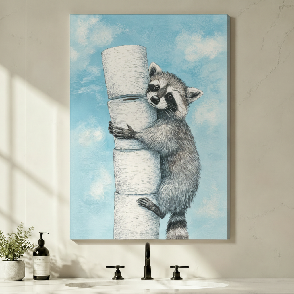 Gallery wrap canvas cute raccoon clutching stacked toilet paper rolls blue cloudy sky funny bathroom humor pastel illustration wall art