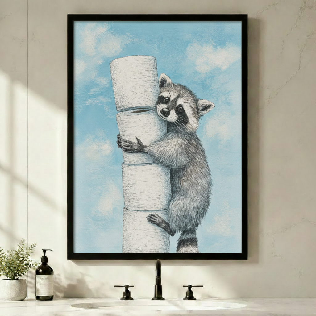 Black framed funny raccoon hugging toilet paper rolls pastel illustration blue sky background bathroom humor canvas wall art above a sink