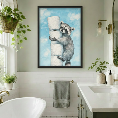 Black framed cute raccoon clutching toilet paper rolls funny pastel illustration canvas wall art in a bright white bathroom with gold fixtures and plants