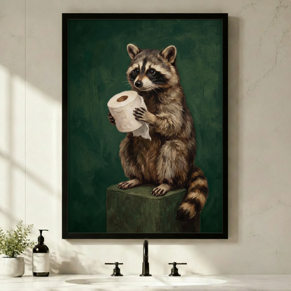 Framed canvas print of a raccoon holding toilet paper hung above a bathroom vanity with black faucet and soap dispenser on white marble countertop