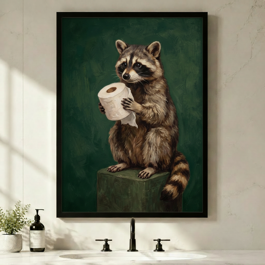 Framed canvas print of a raccoon holding toilet paper hung above a bathroom vanity with black faucet and soap dispenser on white marble countertop