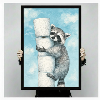 Hands holding black framed funny raccoon hugging toilet paper rolls pastel illustration bathroom humor canvas art size display