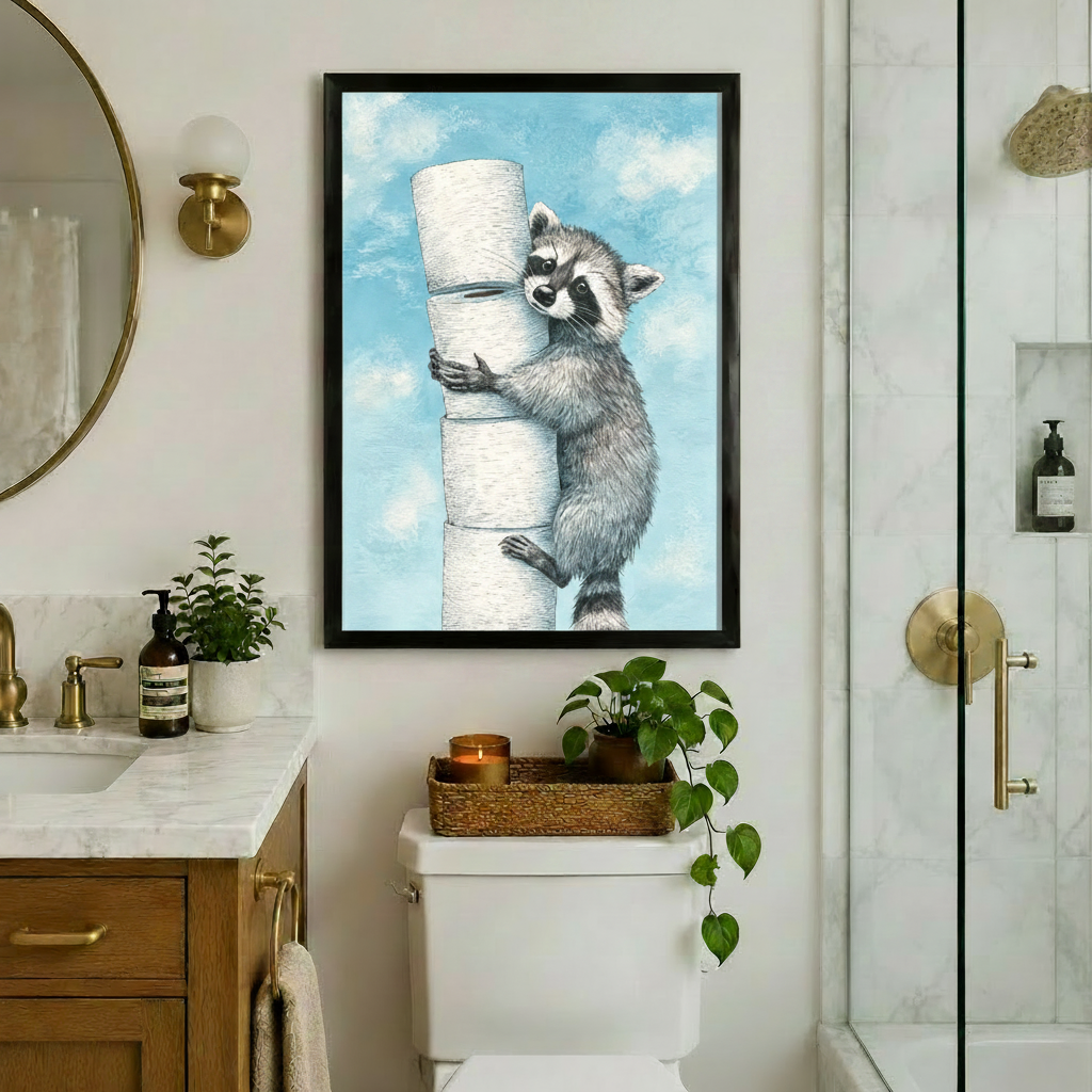 Black framed whimsical raccoon hoarding toilet paper pastel blue sky canvas print funny bathroom wall art above toilet with gold fixtures