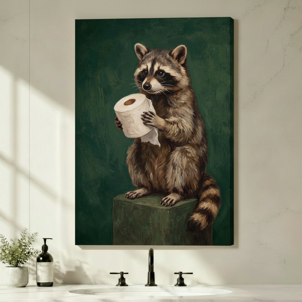 Stretched canvas wall art of a raccoon with toilet paper displayed above a bathroom sink with black fixtures, green plant and soap dispenser on white countertop
