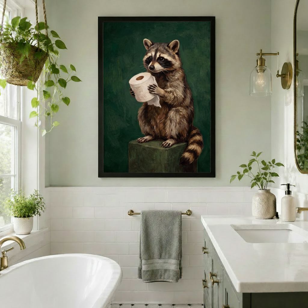 Framed raccoon holding toilet paper canvas art hung in a bright bathroom with white subway tile, freestanding bathtub, gold sconce, hanging plants and double vanity