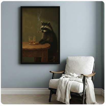 Framed raccoon art print on light blue wall above armchair — gothic animal portrait with whiskey glass, vintage oil painting style