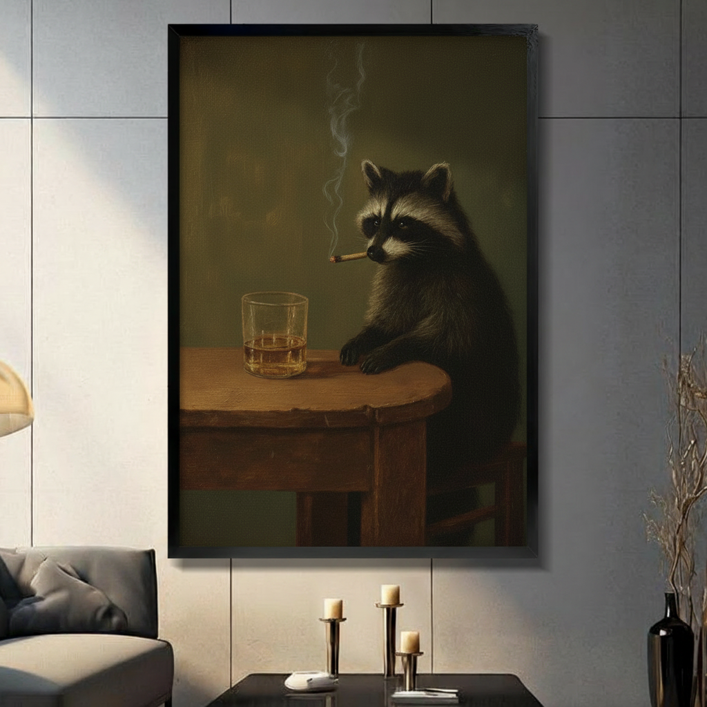 Framed raccoon wall art print hanging in modern living room — moody oil painting of raccoon smoking with whiskey glass