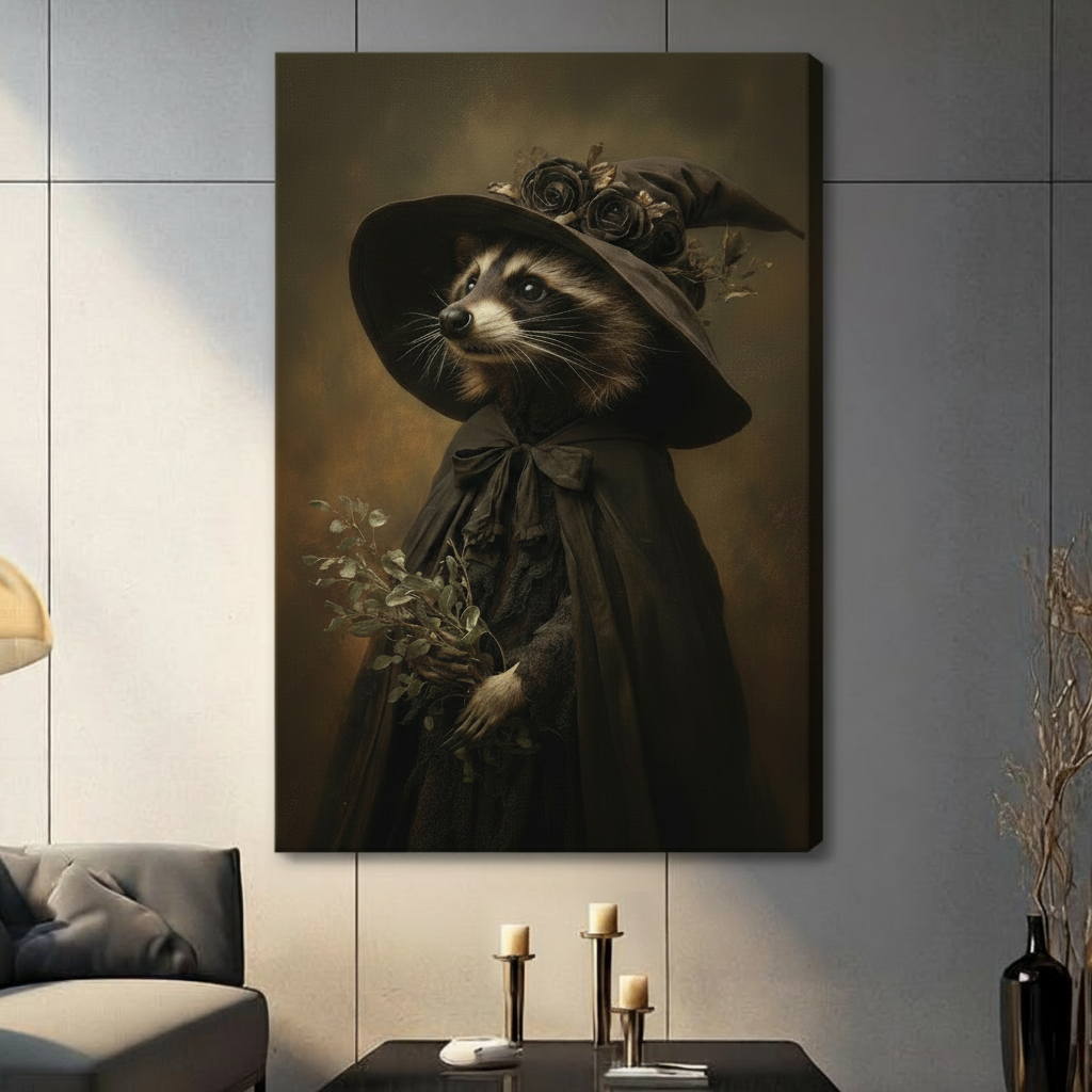 Unframed canvas print featuring a raccoon witch holding botanical herbs in a dark Victorian cloak, hung on a grey wall in a contemporary living room setting
