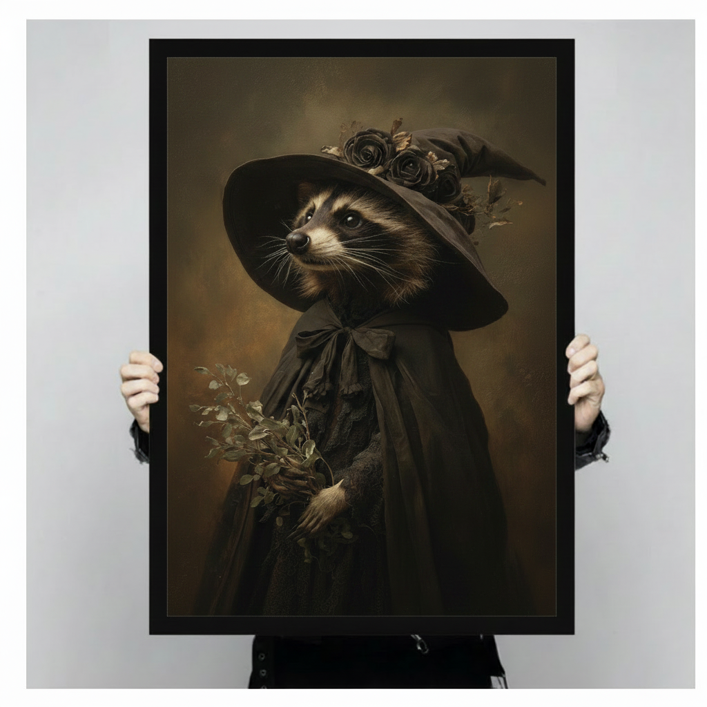 Close-up product shot of a framed raccoon witch oil painting print being held by hands, showcasing dark vintage aesthetic with rose-adorned wide-brim hat and botanical bouquet
