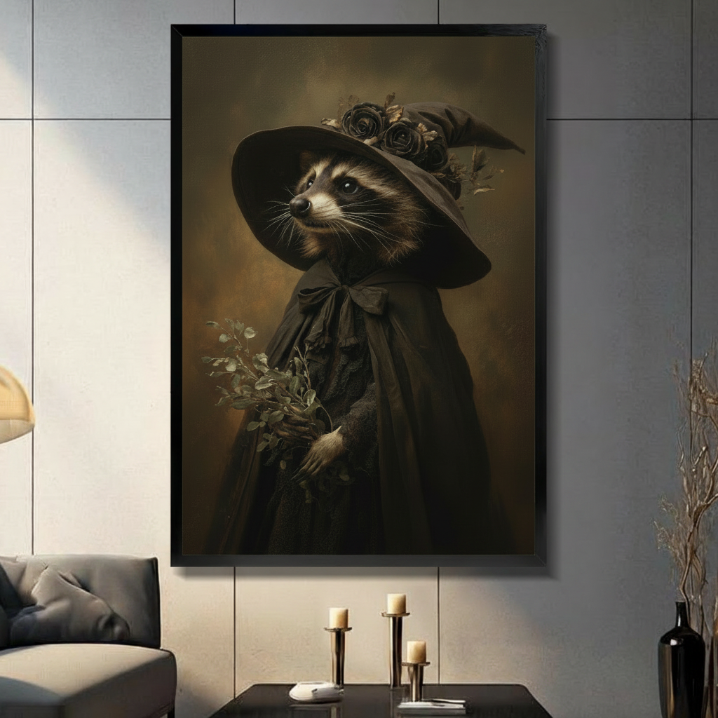 Framed canvas wall art of a raccoon dressed as a gothic witch in black cloak and wide-brim hat with dark roses, displayed in a moody living room above candle holders