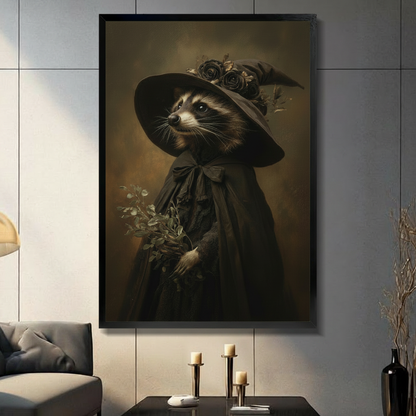Framed canvas wall art of a raccoon dressed as a gothic witch in black cloak and wide-brim hat with dark roses, displayed in a moody living room above candle holders