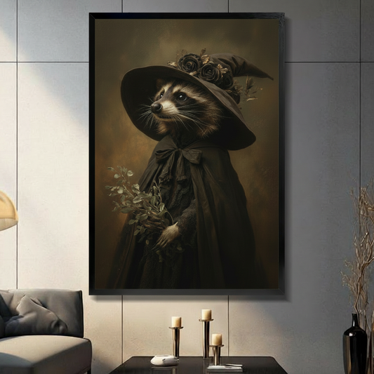 Framed canvas wall art of a raccoon dressed as a gothic witch in black cloak and wide-brim hat with dark roses, displayed in a moody living room above candle holders