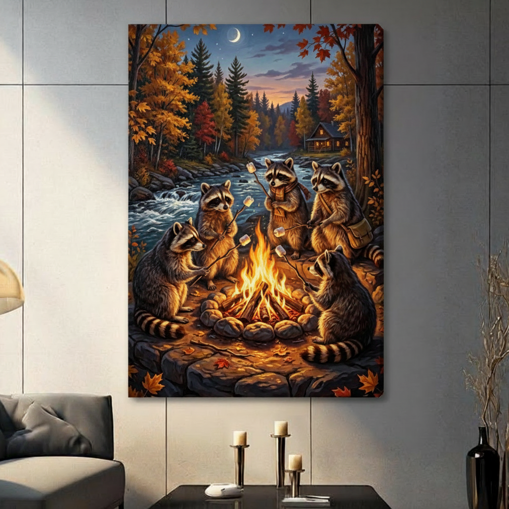 Whimsical storybook oil painting of five raccoons gathered around a glowing stone campfire toasting marshmallows on sticks beside an autumn creek with a crescent moon overhead colorful fall foliage pine trees and a warm cabin in the distance playful woodland animal wall art stretched canvas in a living room with dark gray panel wall dark sofa and black vase