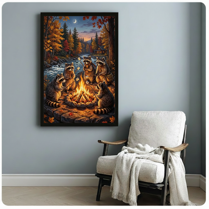 Whimsical storybook oil painting of five raccoons in scarves and backpacks roasting marshmallows around a crackling campfire by an autumn river at dusk with golden maple trees pine silhouettes a glowing cabin and a crescent moon charming woodland wall art framed print beside a white linen armchair on a light gray wall
