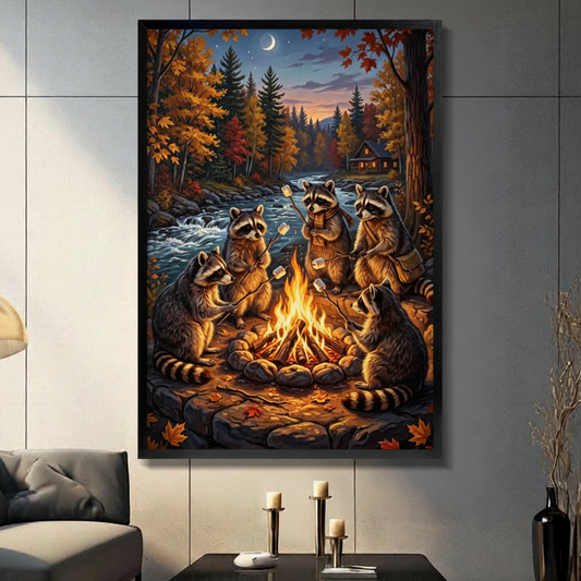 Whimsical storybook oil painting of five raccoons with striped tails and black eye masks huddled around a warm campfire toasting marshmallows in an autumn forest clearing by a rushing stream with a lit cabin glowing moon and scattered red and orange maple leaves fun animal wall art framed print in a living room with dark gray panel wall dark sofa and black vase