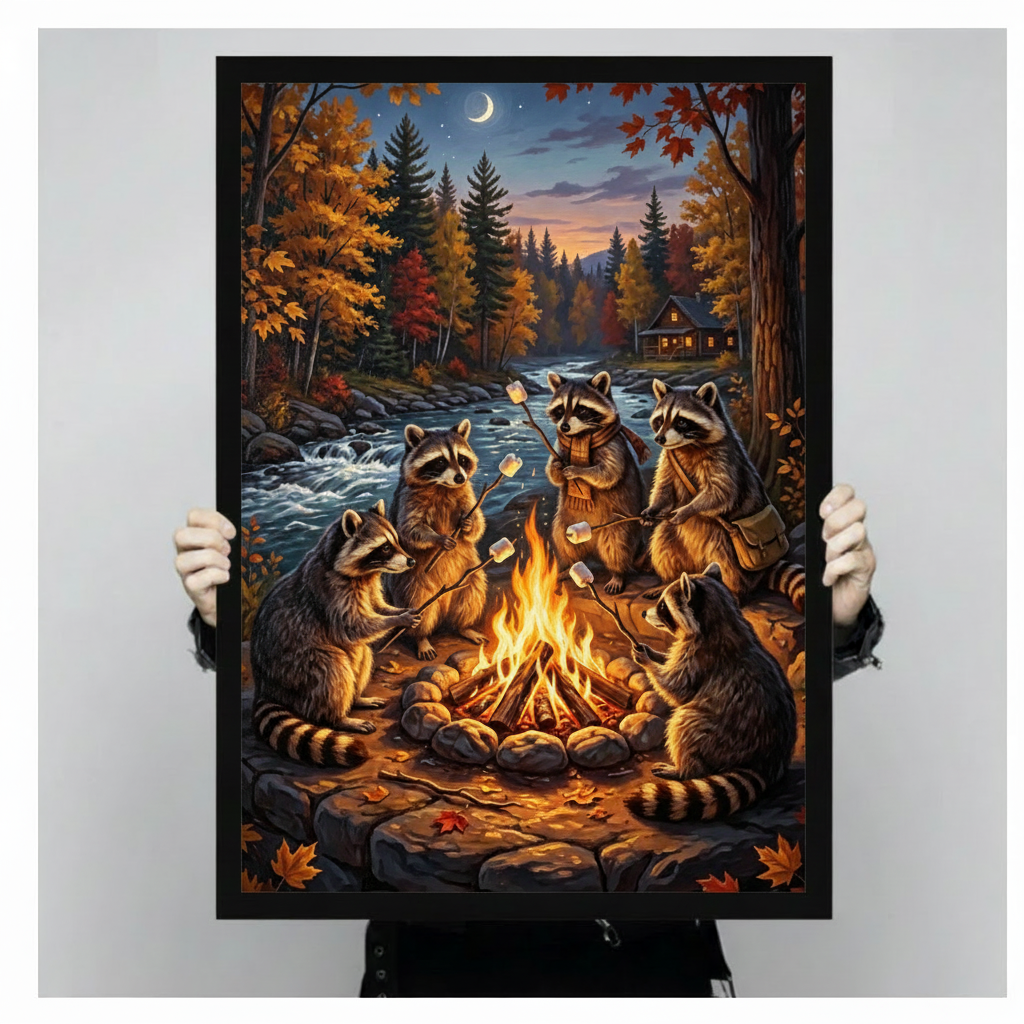 Whimsical storybook oil painting of five raccoons gathered around a stone campfire roasting marshmallows in a golden autumn forest at twilight with a crescent moon stars a rushing creek rocky banks and a warmly lit cabin in the background adorable wildlife wall art framed print held against a light gray background