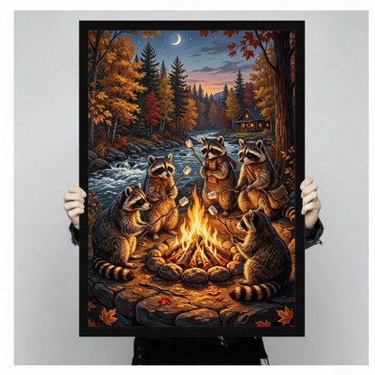 Whimsical storybook oil painting of five raccoons gathered around a stone campfire roasting marshmallows in a golden autumn forest at twilight with a crescent moon stars a rushing creek rocky banks and a warmly lit cabin in the background adorable wildlife wall art framed print held against a light gray background