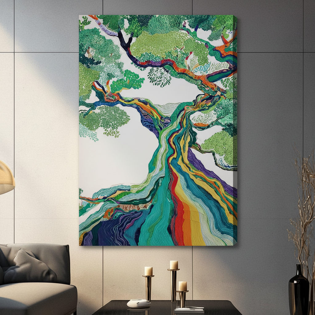 Vibrant rainbow tree canvas print without frame hung in contemporary dark-toned living room