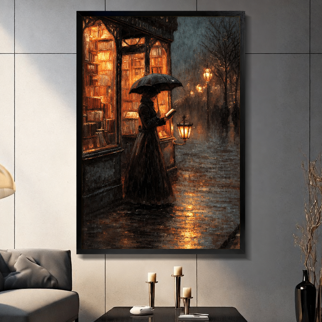 Rainy bookshop painting in a black frame above candles and a gray sofa.