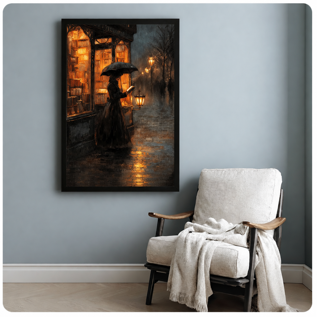 Framed rainy bookshop wall art beside a white armchair in a cozy reading corner.