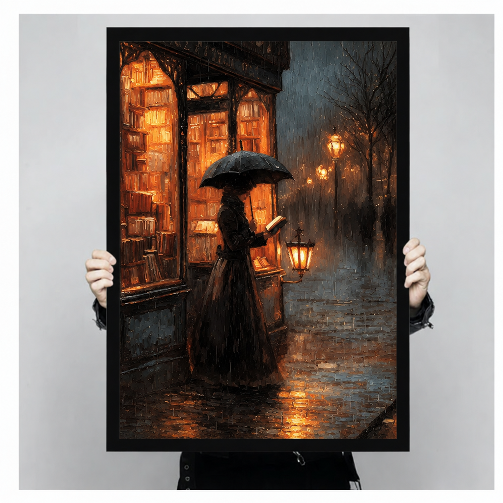Hands holding framed rainy bookshop art featuring a reader under an umbrella.⠋
