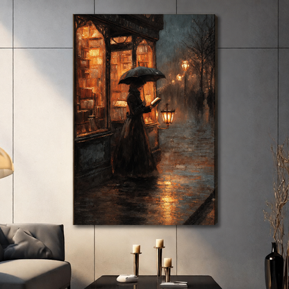 Unframed rainy bookshop canvas above candles, showing the artwork’s thick right edge.
