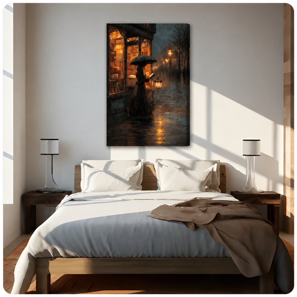 Rainy bookshop canvas wall art above a bed in a sunlit bedroom.