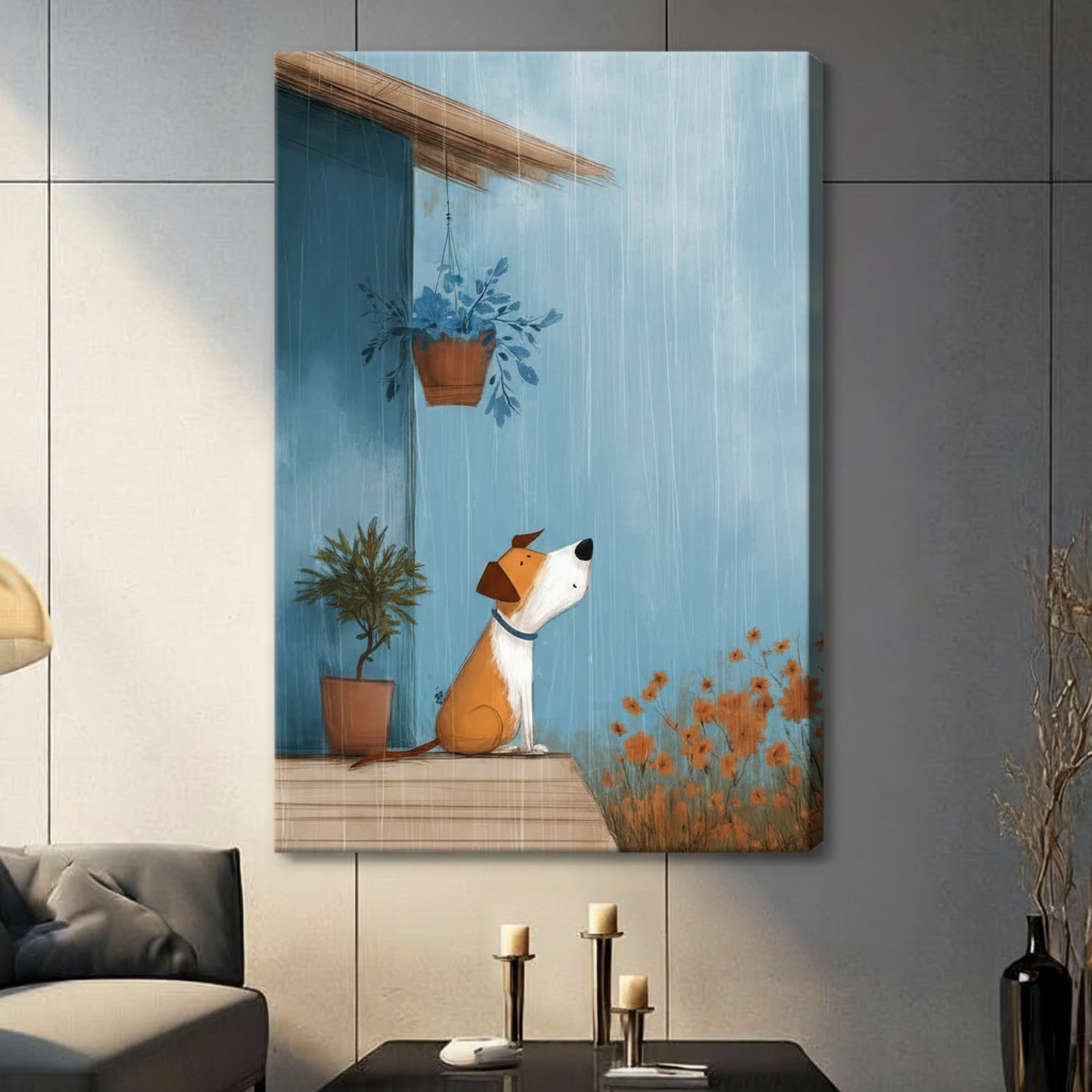 Stretched canvas whimsical dog in rain wall art, cute puppy sitting on wooden porch looking up at rainy blue sky with hanging plant and orange flowers, gallery-wrapped canvas for living room