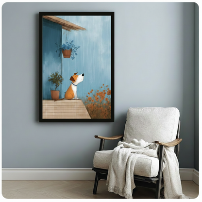 Whimsical rainy day dog on porch framed art print in black frame on blue-gray wall beside white linen armchair, cute puppy rain illustration with wildflowers for reading nook or study decor