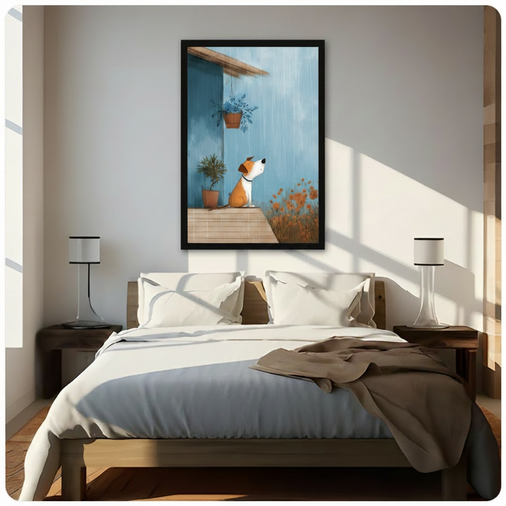 Whimsical rainy day puppy on porch framed canvas wall art in black frame above wooden bed with white linen bedding, cute dog rain illustration with blue sky and orange flowers for bedroom wall decor