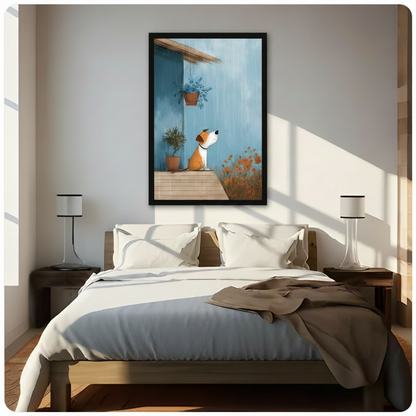 Whimsical rainy day puppy on porch framed canvas wall art in black frame above wooden bed with white linen bedding, cute dog rain illustration with blue sky and orange flowers for bedroom wall decor